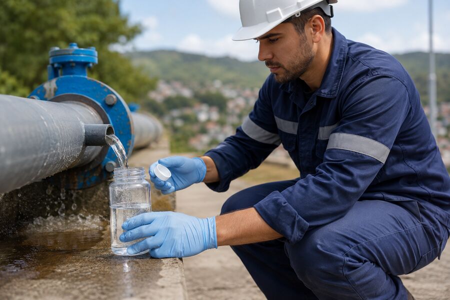 Técnico municipal tomando muestra de agua en tubería de distribución