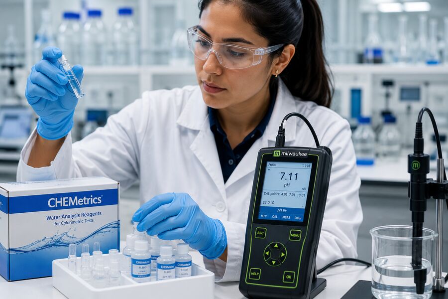 Científica con equipo Milwaukee pH meter y reactivos CHEMetrics en laboratorio