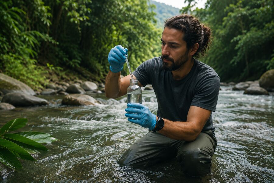 Consultor ambiental tomando muestra de agua en río tropical con vegetación