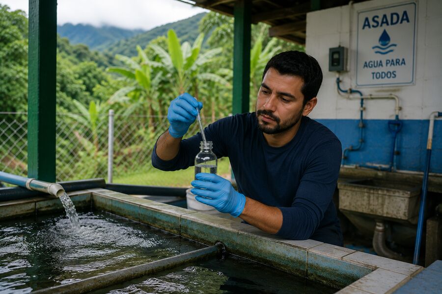 Técnico tomando muestra de agua en instalación ASADA Costa Rica
