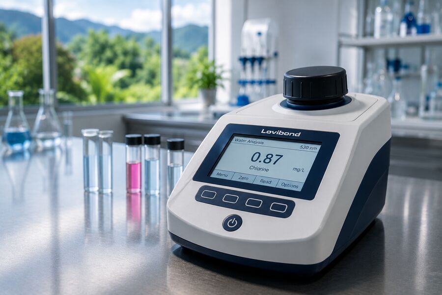 Fotómetro Lovibond para análisis de agua en laboratorio con vegetación tropical