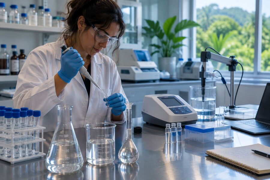 Científica analizando muestra de agua con pipeta en laboratorio