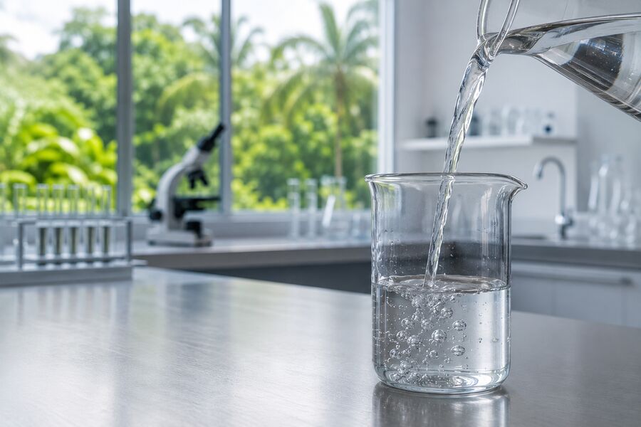Beaker con agua en laboratorio moderno con equipos de análisis